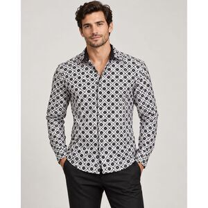 Day & Age Clover Flocked Black White Geometric Button Down Shirt M